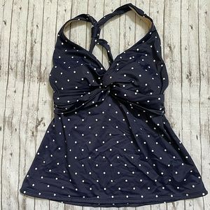 LL Bean Womens Tankini Swim Top Size 8  Blue White Polka Dot Racerback UPF 50+